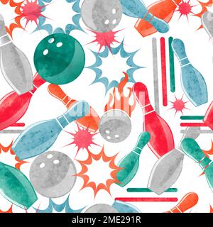 Watercolor bowling seamless pattern. Abstract vector background with colorful design elements. Bowling ball and pins. Stock Vector