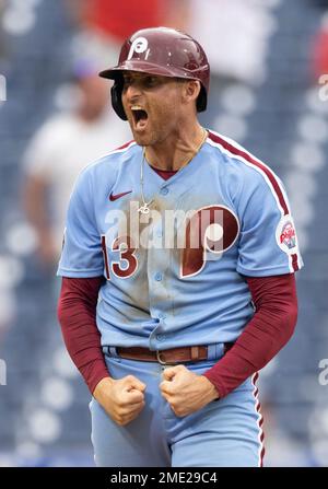 Philadelphia Phillies' Brad Miller (13) in action during a baseball game  against the Washington Nationals, Thursday, July 29, 2021, in Philadelphia.  (AP Photo/Laurence Kesterson Stock Photo - Alamy