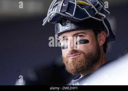 Detroit Tigers catcher Eric Haase smiles as walks to home plate before a  baseball game against the San Diego Padres, Monday, July 25, 2022, in  Detroit. (AP Photo/Jose Juarez Stock Photo - Alamy