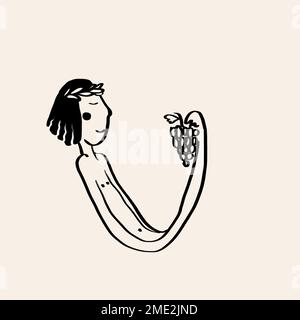 Creative black ink design of letter U as font with man in wreath having grapes Stock Photo