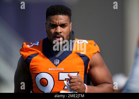 Denver, USA. October 23, 2022: Denver Broncos defensive end Dre'Mont Jones  (93) waits a for a replay review in the first half of the football game  between the Denver Broncos and New