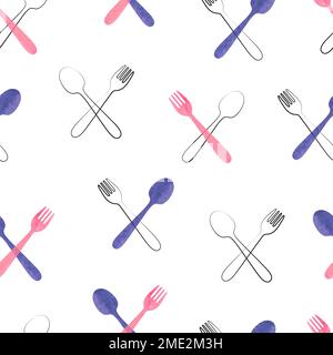 Watercolor cutlery seamless pattern in pink and purple colors. Vector background with crossed spoons and forks. Stock Vector