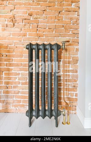 Old fashioned metal black radiator placed near red brick wall in light apartment Stock Photo