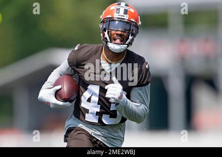 Cleveland Browns running back Trent Richardson (33) jumps through the line  of scrimmage against Cleveland Browns defensive tackle John Hughes (93) on  Sunday, October 21, 2012, in Indianapolis, Indiana. (Photo by Sam