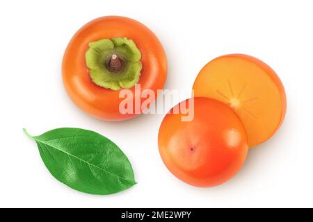 Persimmon fruit isolated on white background with full depth of field. Top view. Flat lay Stock Photo