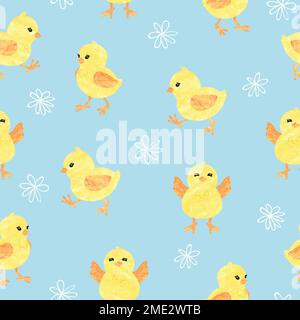 Seamless blue pattern with cute little chickens. Funny yellow chicks in different poses. Vector illustration. Stock Vector