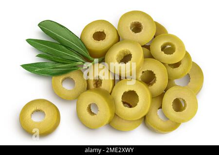 Green olives slices isolated on a white background with full depth of field. Top view. Flat lay Stock Photo