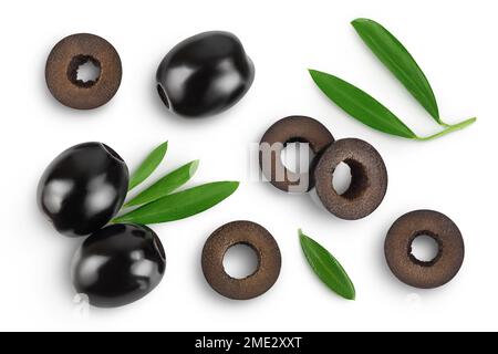 Black olives with leaves isolated on a white background with full depth of field. Top view. Flat lay Stock Photo