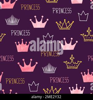 Little princess seamless pattern with watercolor and glittering crowns. Vector purple baby background. Stock Vector