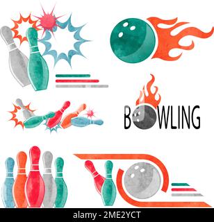 Set of watercolor colorful bowling logo, icons and symbols isolated on white. Bowling ball and pins vector illustration. Design elements. Stock Vector