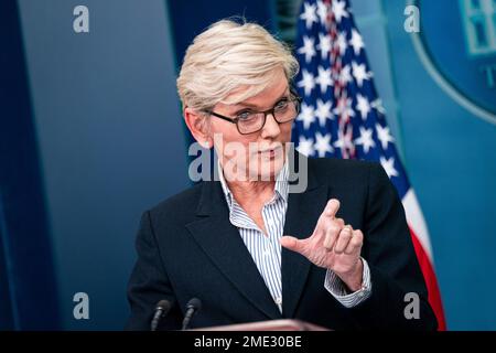 Jennifer Granholm, US secretary of energy, speaks during a news conference in the James S. Brady Press Briefing Room at the White House in Washington, DC, US, on Monday, Jan. 23, 2023. Granholm argued that gasoline prices have dropped $1.60 per gallon since they peaked at more than $5 over the summer, and highlighted President Biden's call on oil and gas producers to lower their costs for consumers. Photographer: Al Drago/Pool/Sipa USA