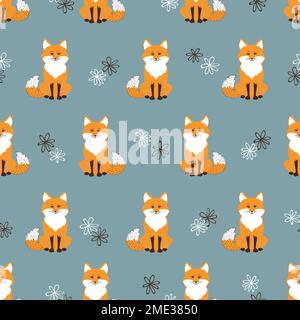 Seamless pattern with cute cartoon foxes on blue. Vector background. Stock Vector