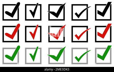 Collection of different check mark icons in boxes isolated on white Stock Photo