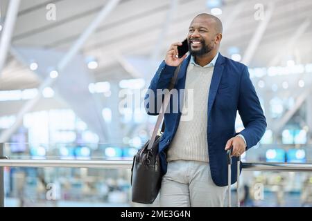 African businessman, phone call and airport with excited smile, luggage and conversation for planning travel. Corporate black man, smartphone and Stock Photo