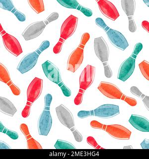 Seamless pattern with colorful watercolor bowling pins. Vector bowling background. Stock Vector