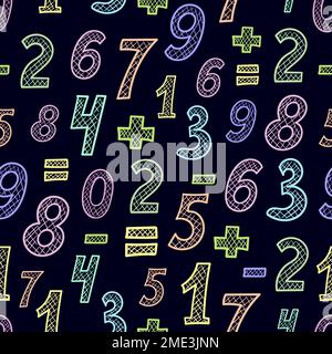 Seamless pattern with colorful doodle numbers on dark. Hand drawn vector background. Stock Vector