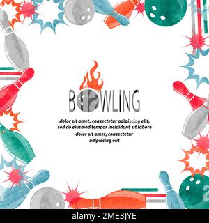 Bowling square border isolated on white for your design. Frame vector background with watercolor bowling balls and pins Stock Vector