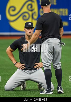 Injured New York Yankees outfielder Aaron Judge spits a seed as he watches  from the dugout during the fourth inning of a baseball game against the  Seattle Mariners, Saturday, Sept. 8, 2018