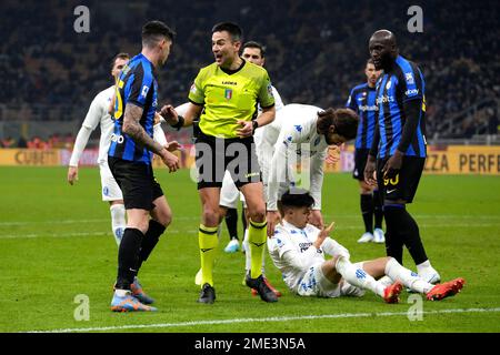 Inter Milan's Alessandro Bastoni, left, heads the ball past Manchester  City's Erling Haaland during the Champions League final soccer match  between Manchester City and Inter Milan at the Ataturk Olympic Stadium in