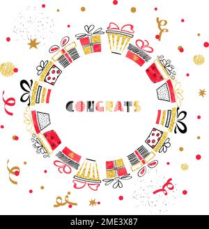 Birthday round card design with red and golden gift boxes. Vector celebration background. Stock Vector