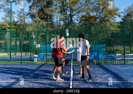 Men and women shaking hands at sports court Stock Photo