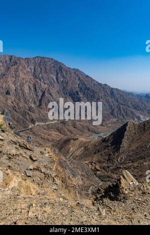 Saudi Arabia, Al Baha road winding through rocky mountains Stock Photo