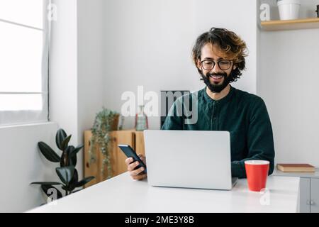 Happy mature businessman using laptop at desk Stock Photo