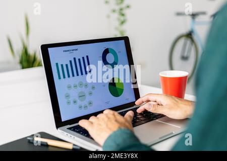 Freelancer analyzing bar graphs and pie chart on laptop Stock Photo