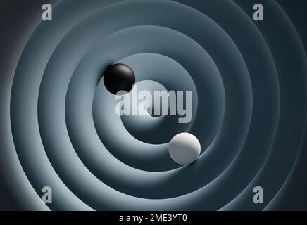 Three dimensional render of two spheres rolling down spiral Stock Photo