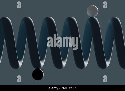 Three dimensional render of two spheres balancing on coil Stock Photo