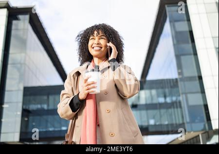 Phone call conversation, walking and happy black woman networking, talking and on 5g communication in New York. Urban architecture, agent or relax Stock Photo