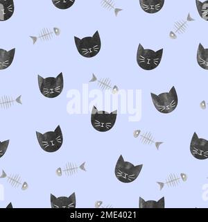 Black cats and fish bones seamless pattern. Stock Vector