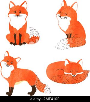 Set of cute watercolor foxes isolated on white. Vector illustration. Stock Vector