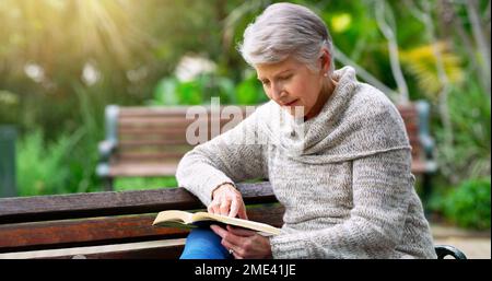 I love this book. a cheerful elderly woman reading a book by herself outside in a park. Stock Photo