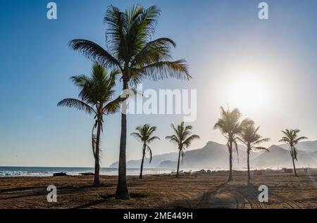 Oman, Dhofar, Salalah, Sun shining over palm trees on Mughsail Beach Stock Photo