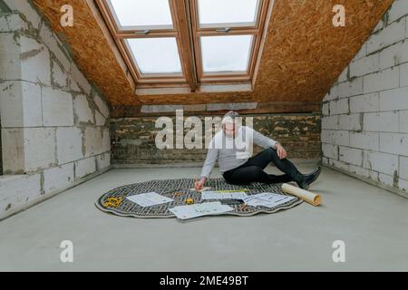 Architect working on project sitting on rug at construction site Stock Photo