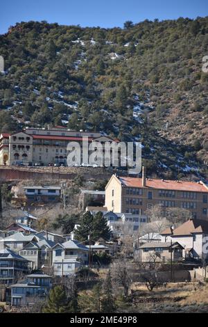 Jerome, AZ. U.S.A. May 18, 2018. A National Historical Landmark 1967, Jerome’s Cleopatra hill tunnel/open pit copper mining boom 1890s to bust 1950s. Stock Photo