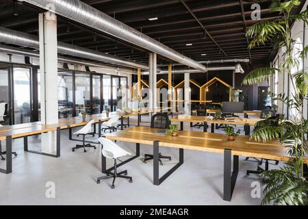 Interior of empty modern coworking office with desks and chairs Stock Photo