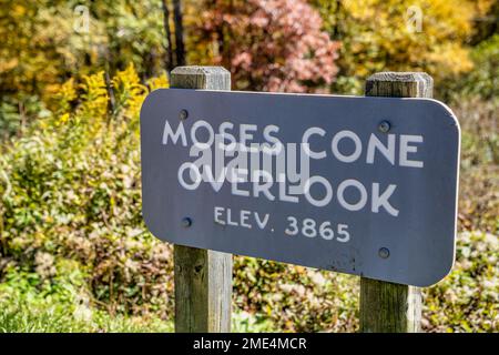 Sign for the Moses Cone Overlook in autumn on the Blue Ridge Parkway near Blowing Rock, North Carolina. Stock Photo