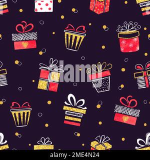 Seamless vector gift pattern, red and golden gift boxes on dark background. Stock Vector