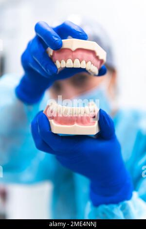 Hands of dentist with prosthetic teeth at clinic Stock Photo