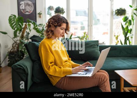 Freelancer working on laptop sitting at home Stock Photo