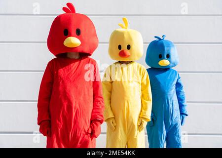 Friends wearing multi colored duck costumes standing in front of white wall Stock Photo