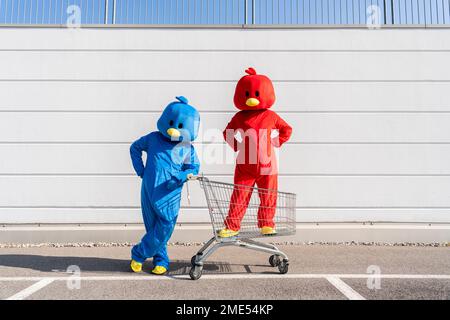 Man with woman wearing duck costumes standing in shopping cart Stock Photo