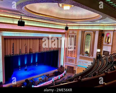 Stockport Plaza cinema and theatre built 1932. Art Deco restored and reopened.Local group Blossoms played there.General manager TED DOAN. Stockport town centre travel article. Stockport was once home to the Uks hat making  industry and has a museum dedicated to hats.Picture credit garyroberts/worldwidefeatures.com Stock Photo