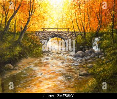 Original  oil painting of beautifl autumn landscape, forest,stone bridge  and river  on canvas.Modern Impressionism, modernism,marinism Stock Photo