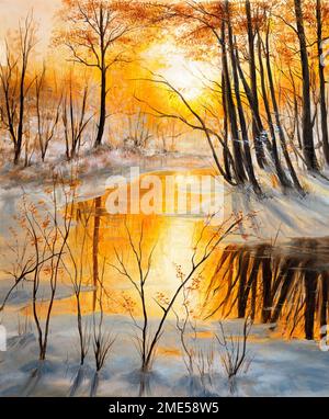 Original  oil painting of beautifl autumn landscape.Golden sunset over foggy  forest,mountains  and river  on canvas.Modern Impressionism, modernism,m Stock Photo
