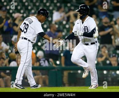 Detroit Tigers catcher Eric Haase smiles as walks to home plate before a  baseball game against the San Diego Padres, Monday, July 25, 2022, in  Detroit. (AP Photo/Jose Juarez Stock Photo - Alamy