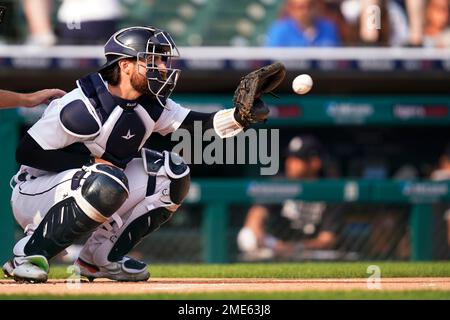 Detroit Tigers catcher Eric Haase smiles as walks to home plate before a  baseball game against the San Diego Padres, Monday, July 25, 2022, in  Detroit. (AP Photo/Jose Juarez Stock Photo - Alamy