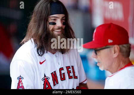 Los Angeles Angels center fielder Brandon Marsh (16) looks on prior to an  MLB regular season game against the Cleveland Guardians, Wednesday, April  27th, 2022, at Angels Stadium in Anaheim, CA. (Brandon
